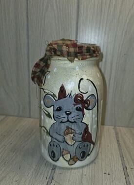 Vintage Handpainted Country Holiday Mouse On Mason Jar Primitive Farmhouse